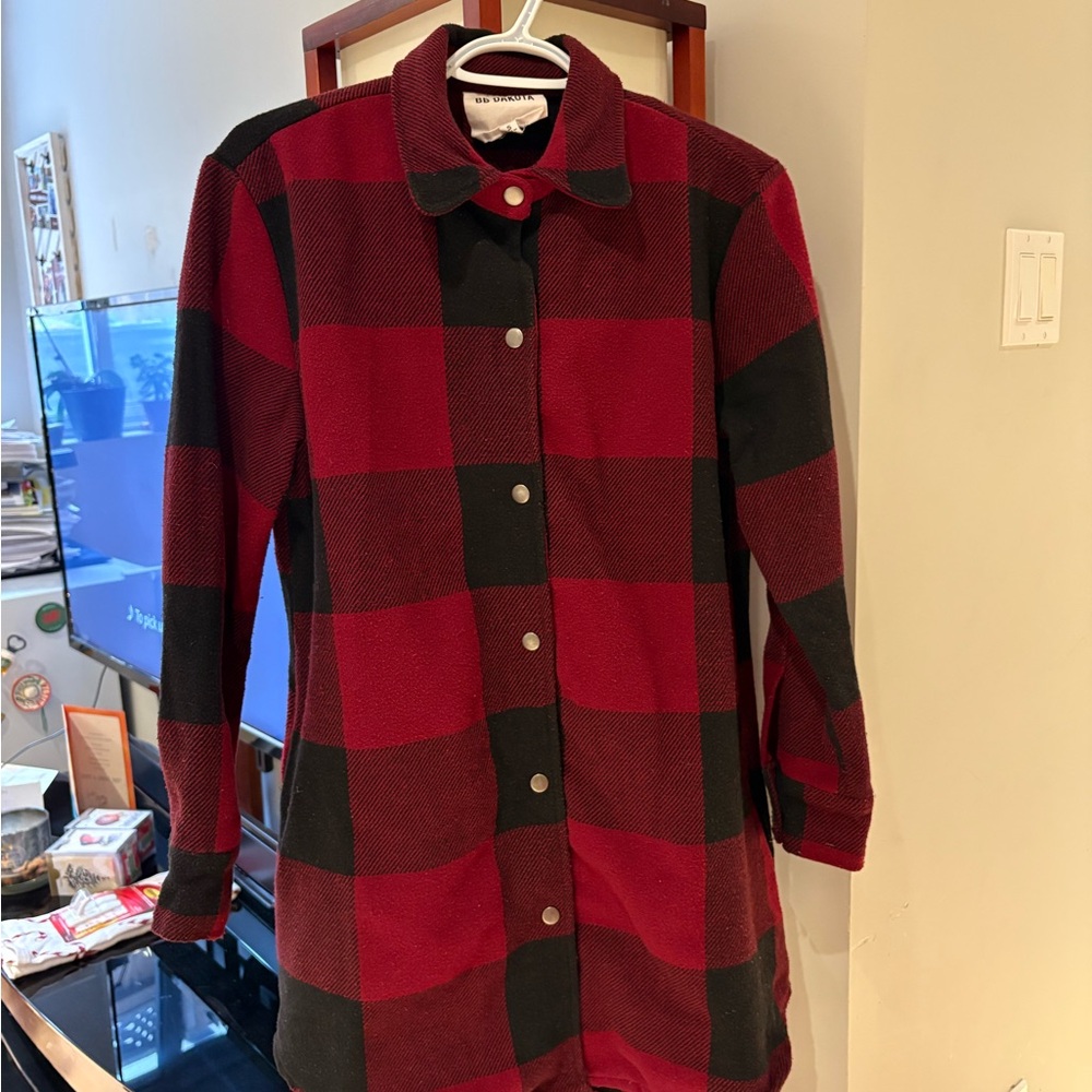 BB Dakota Red and Black Plaid Pea Coat